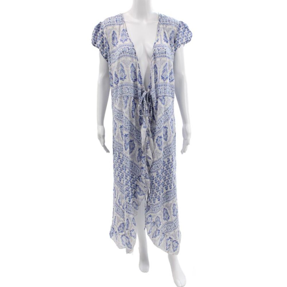 Bell Womens Kaftan Maxi Dress Blue Floral V-Neck Short Sleeve Cotton Size S